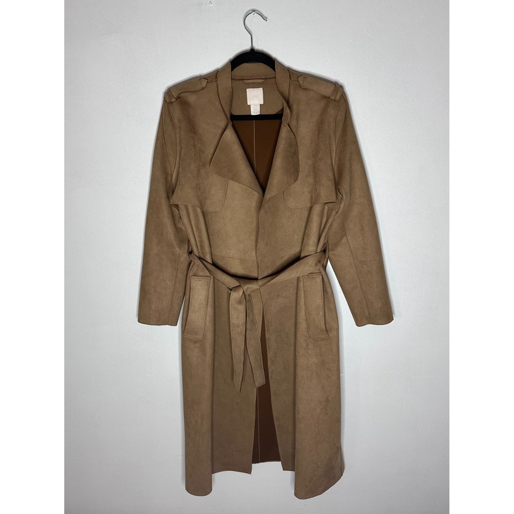H&M Faux Suede Trench Coat Women Camel Tan Beige Belted Duster Jacket NWOT